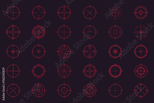 Weapon sight, sniper rifle optical scope. Hunting gun viewfinder with crosshair. Crosshair gun sight icons set. Bullseye, target or aim symbol. Shooting mark. Military target sign. Game UI. Vector.