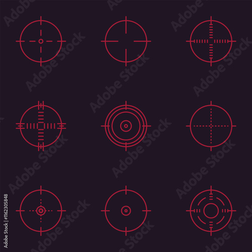 Weapon sight, sniper rifle optical scope. Hunting gun viewfinder with crosshair. Crosshair gun sight icons set. Bullseye, target or aim symbol. Shooting mark. Military target sign. Game UI. Vector.