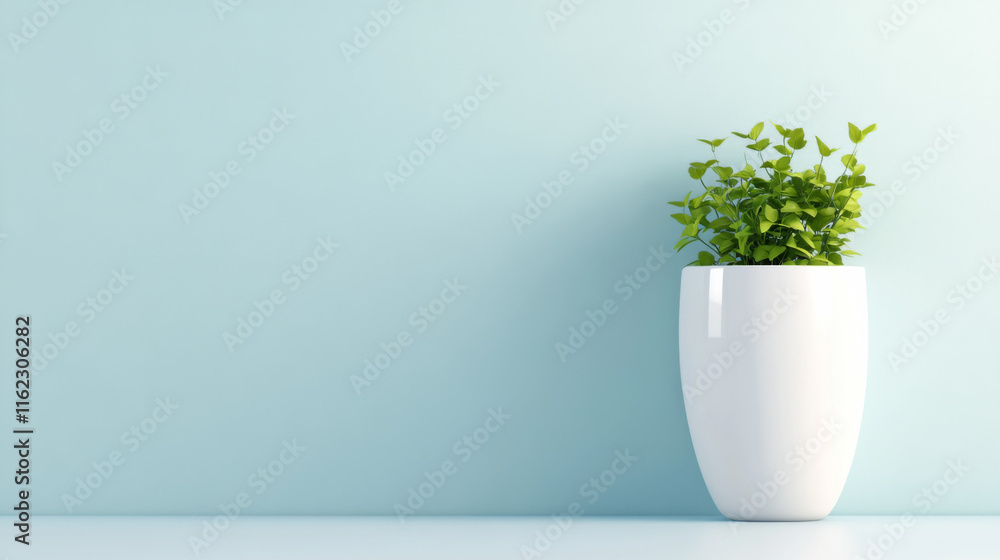 Indoor plant in a white pot against a light blue wall Indoor plant in a white pot against a light blue wall