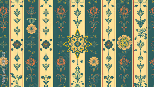 Trendy stylish Vertical Striped floral pattern with paisley and indian flower motifs. damask modern style pattern , Design for fashion , fabric, textile, wallpaper , wrapping and all prints