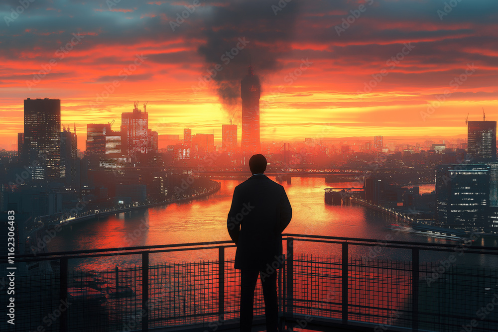 Fototapeta premium A yakuza member standing on a bridge overlooking Tokyo Bay at sunrise, reflecting on his life.