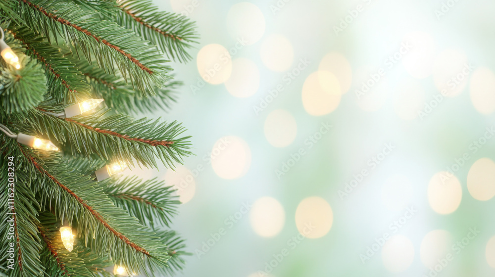 Christmas tree branches adorned with warm lights in a festive setting Christmas tree branches adorned with warm lights in a festive setting