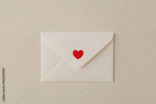 delicate white envelope sealed with small red heart sticker lying flat on smooth white background