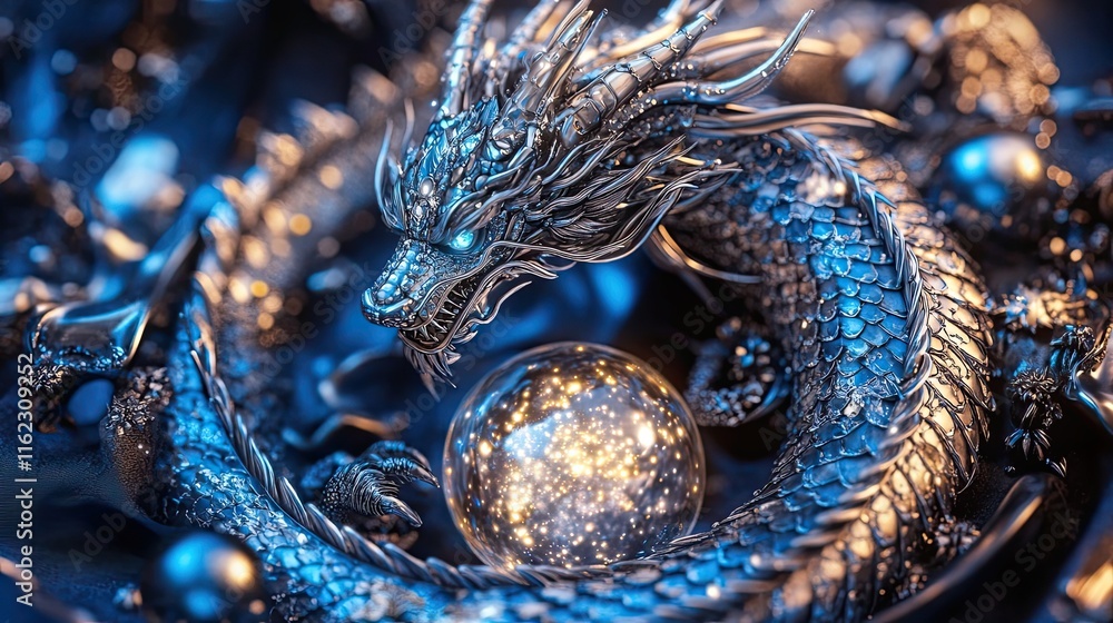 Metallic Dragon Coiled Around Glowing Orb