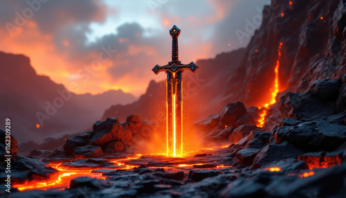 4k HD Wallpapers of The image features a sword with a glowing cross on top, surrounded by a fiery landscape. Video game wallpaper