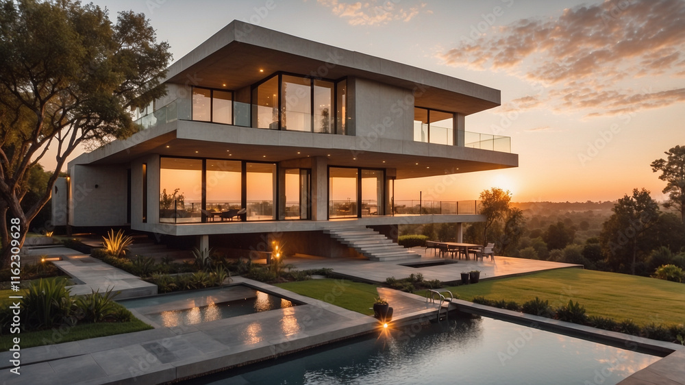 Contemporary architecture luxury house in the hills during the sunset Contemporary architecture luxury house in the hills during the sunset