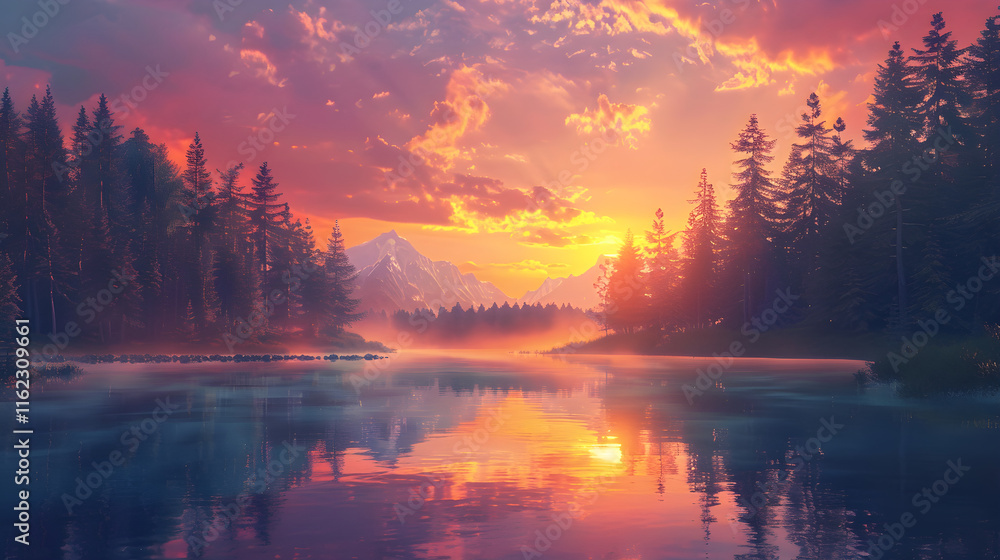 Sunset Serenity: A Tranquil Lake Reflecting the Glorious Hues of Dusk Amidst a Dense Forest Sunset Serenity: A Tranquil Lake Reflecting the Glorious Hues of Dusk Amidst a Dense Forest