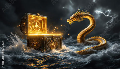 4k HD Wallpapers of The image features a dragon with a golden head and tail emerging from a golden chest, surrounded by a stormy sea. Video game wallpaper