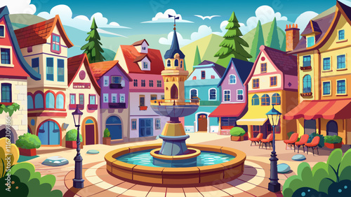 Create a charming European town square with a fountain and colorful houses