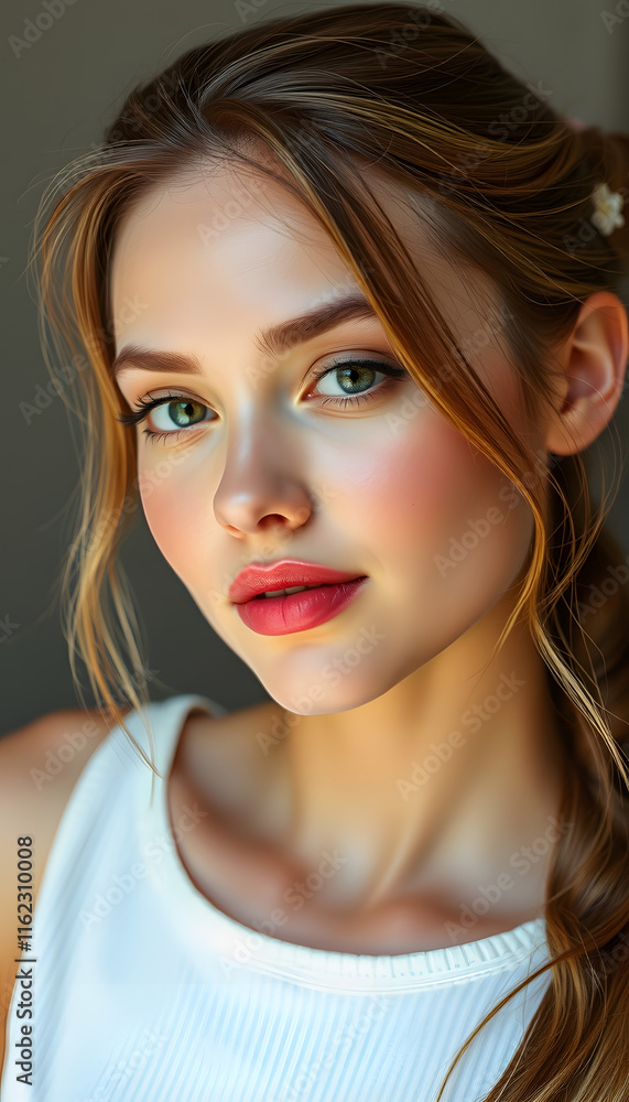 Beautiful fresh girl with perfect skin, natural make up. Beauty face, Diffused lighting, with white tones Beautiful fresh girl with perfect skin, natural make up. Beauty face, Diffused lighting, with white tones