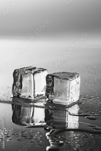 Ice cubes glisten on a reflective surface in grayscale