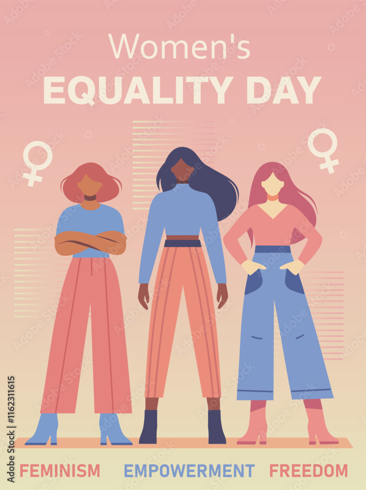 Stylized postcard feminism day, equality day. Three different strong women stand together at sunset. Feminism concept gender equality protection of women's rights and freedoms. Vector illustration Stylized postcard feminism day, equality day. Three different strong women stand together at sunset. Feminism concept gender equality protection of women's rights and freedoms. Vector illustration