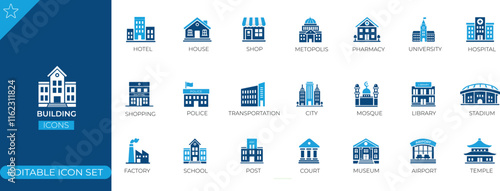 Building Icon Set - Solid Icon Collection. Flat Vector illustration.