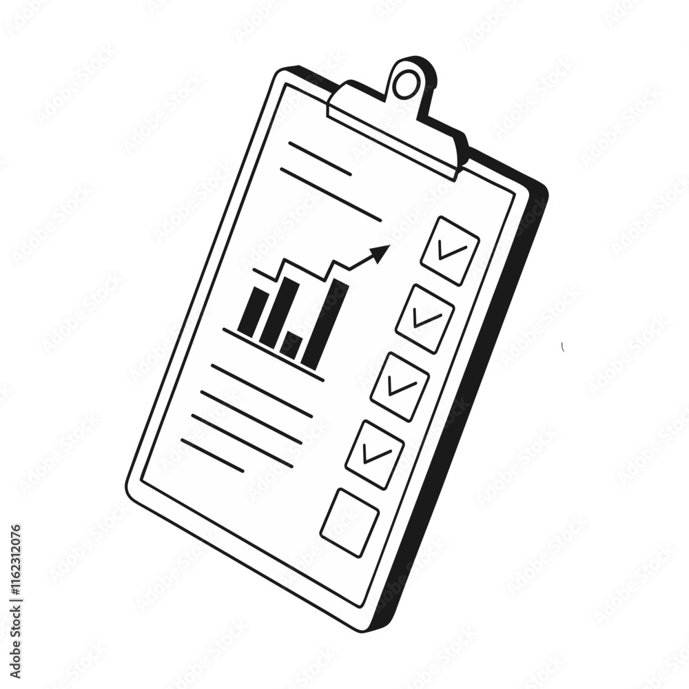 Clipboard with a bar chart and notes, Reporting and Insights, vector black and white silhouette. Clipboard with a bar chart and notes, Reporting and Insights, vector black and white silhouette.