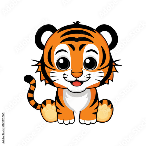 Cute cartoon baby tiger sitting happily in standard scale illustration.Cute outline sitting baby tiger vector cartoon illustration on white background .Illustration of Cartoon Cute Tiger.