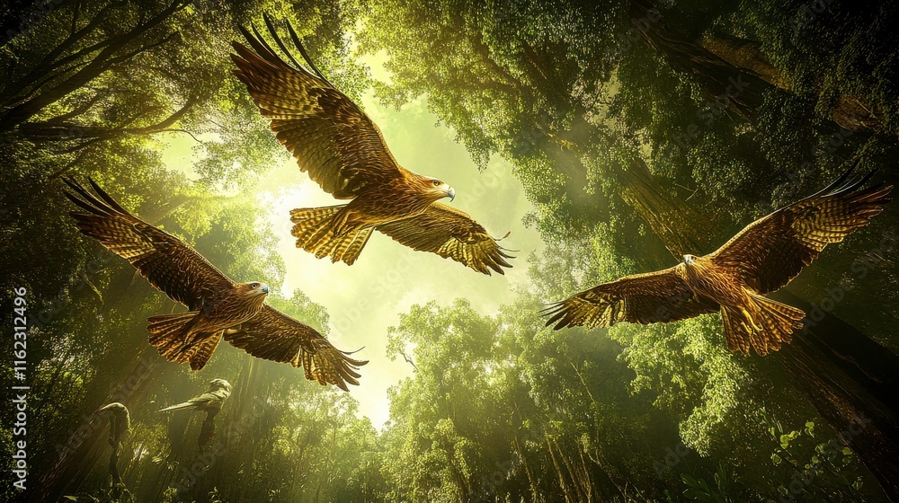 Fototapeta premium Eagles Diving Through Dense Jungle Canopy