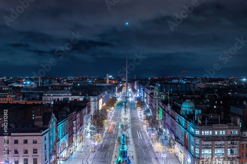 Aerial view of O'Connell Street at night, featuring the iconic Spire at the center