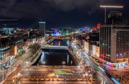 Photography Aerial view of Dublin, captured in long exposure, showcasing the vibrant city li
