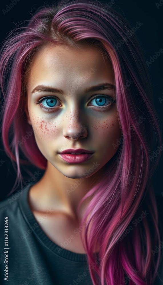 Captivating portrait of a girl with vibrant pink hair showcasing striking blue eyes and freckles Captivating portrait of a girl with vibrant pink hair showcasing striking blue eyes and freckles