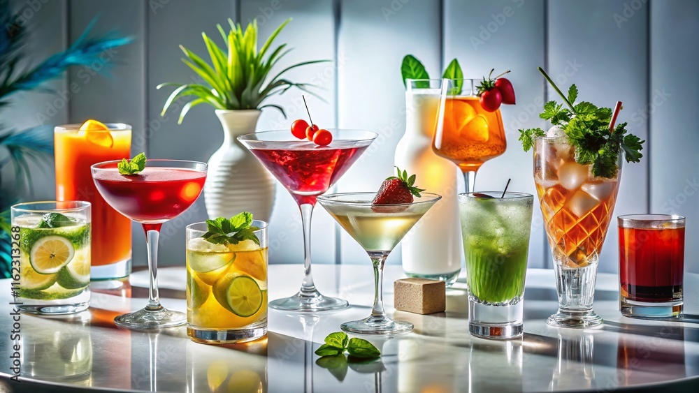 Colorful Cocktails on a White Low Table - Stunning Drinks Colorful Cocktails on a White Low Table - Stunning Drinks