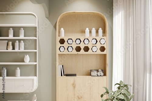 Front desk with bath ware at the white wall photo