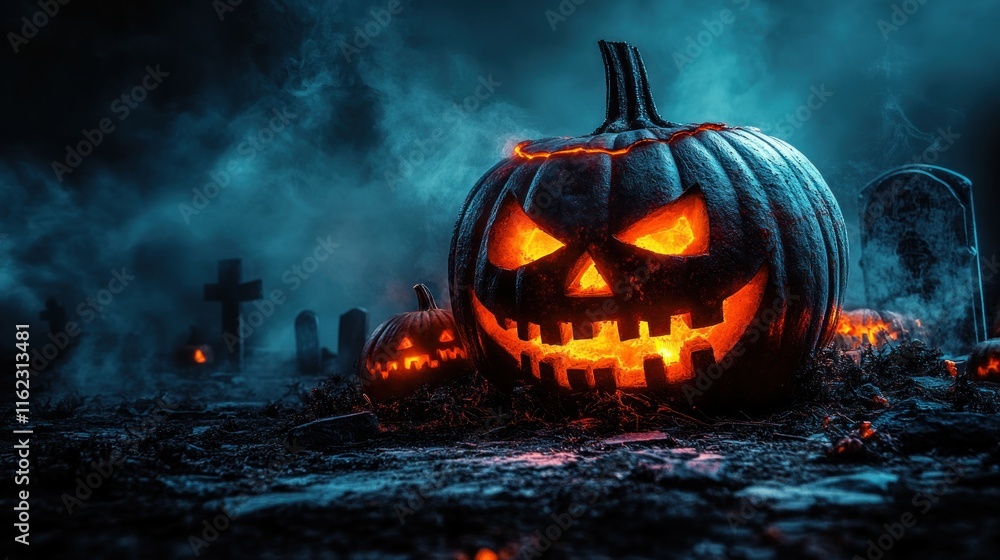 Naklejka premium A spooky Halloween scene featuring carved pumpkins and gravestones in a foggy graveyard.