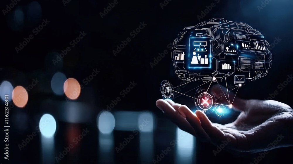 Digital brain in hand with glowing elements Digital brain in hand with glowing elements