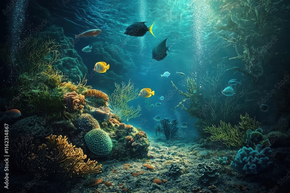 Obraz premium Diverse Marine Vegetation and Wildlife Captured in Illustration