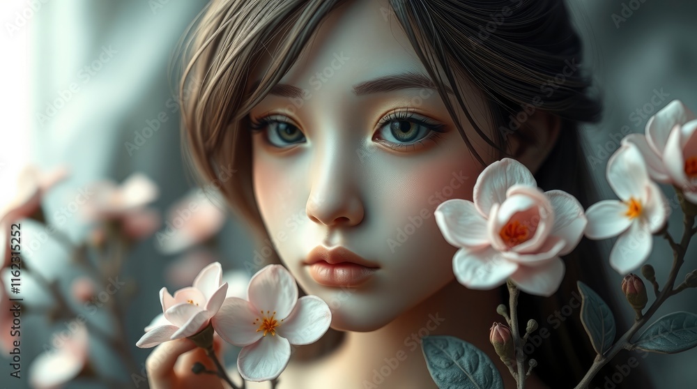 Naklejka premium A contemplative young woman, adorable and cute, with charming features, delicately posing with blooming flowers in soft light, sculpted in clay, modeled shapes, textured surface, gentle color contrast