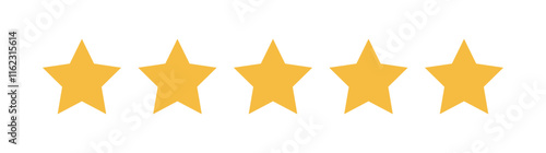 Five golden stars in a horizontal row on a white background. Minimalistic vector illustration symbolizing high rating, quality, or excellence photo