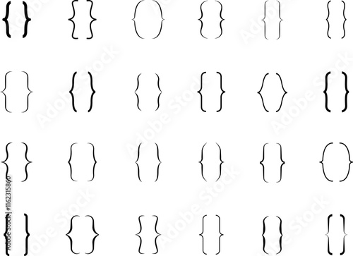 Curly braces, double symmetric brackets. Vector Typography symbols pair, frames for punctuation, maths, elements sign