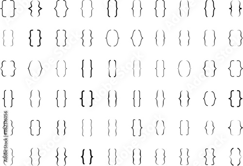 Text brackets, black quotation marks. Curly braces, double symmetric and angle brackets. Vintage typographic symbol, calligraphic quote frame. Doodle, element lettering. Frames for punctuation, maths