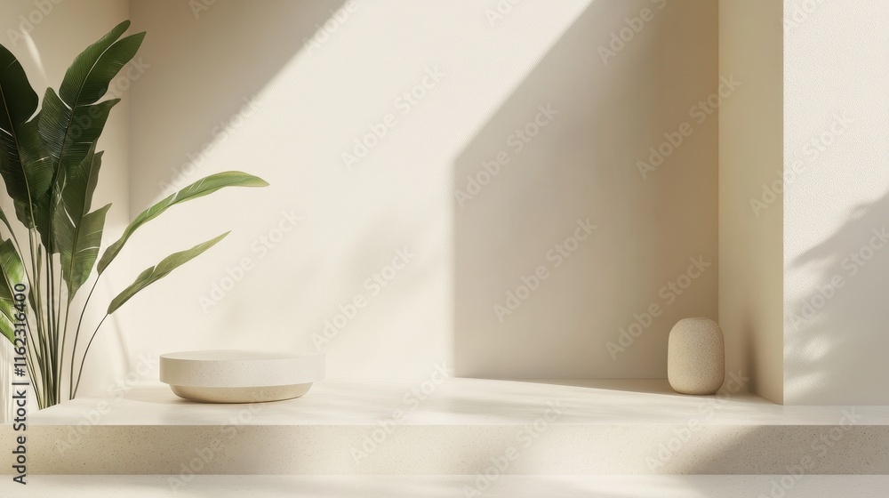 Minimalist Beige Room Display Featuring Plant and Stone Minimalist Beige Room Display Featuring Plant and Stone