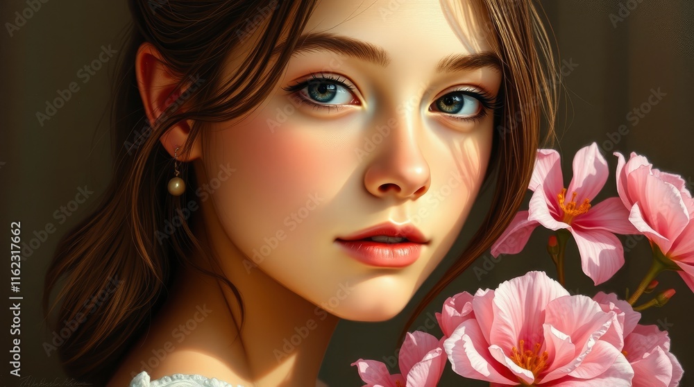 Fototapeta premium A contemplative young woman with adorable and cute charming features, delicately posing with blooming flowers in soft light, candid street photography, intense dramatic lighting, high contrast, urban 