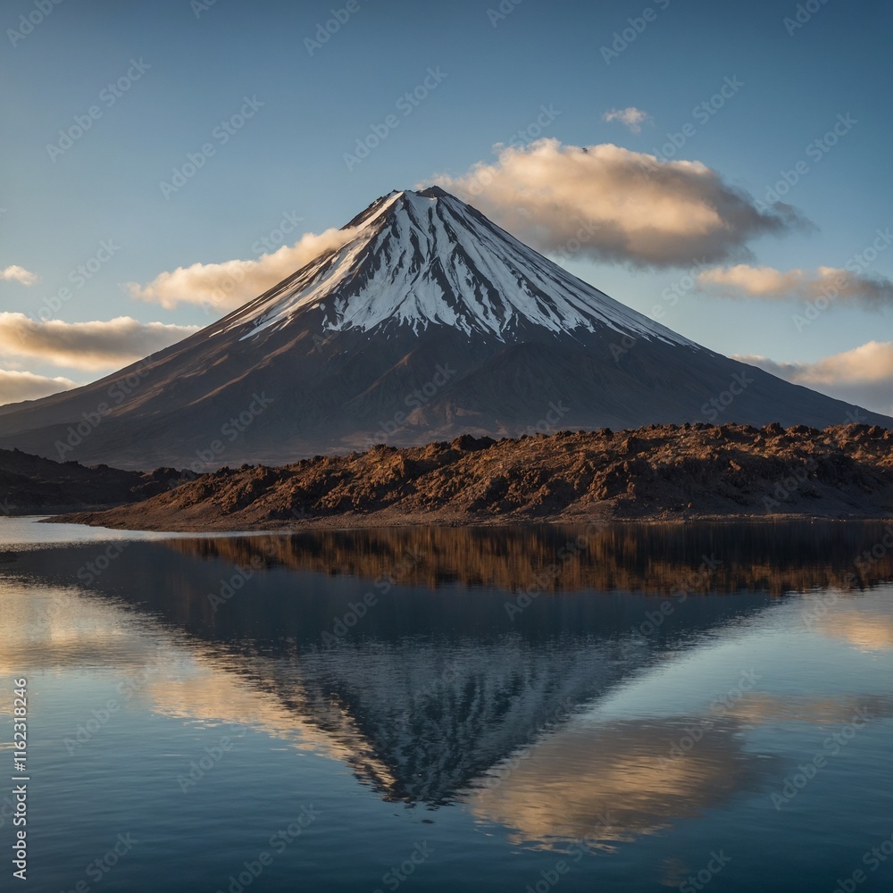Volcanic mountain in morning light reflected in calm waters of lake.

