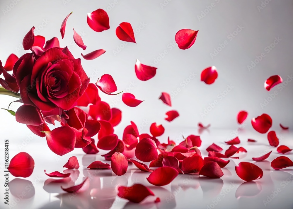 Delicate red rose petals, long exposure, floating on white. Delicate red rose petals, long exposure, floating on white.