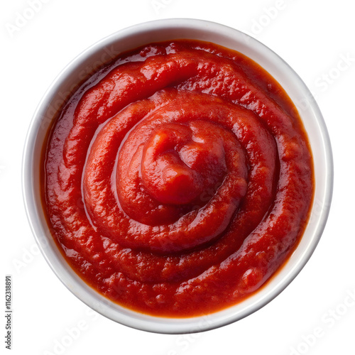 White bowl with tomato paste, top view isolated on transparent background
