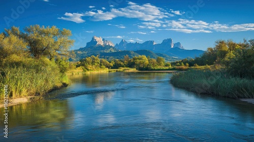 Scenic river landscape with mountains and blue sky.