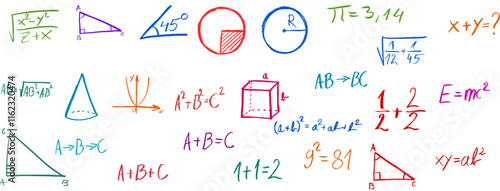 Math Equations Algebra Geometry Crayon Chalk Drawing Vector Set