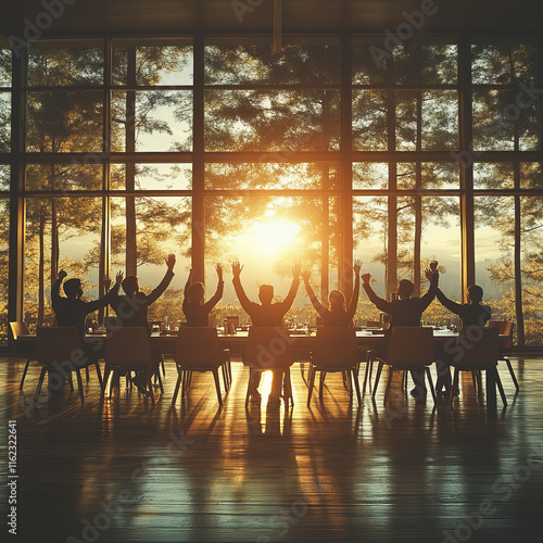 team celebrating success with raised hands in sunlit room. warm glow of sunset through large windows creates joyful atmosphere