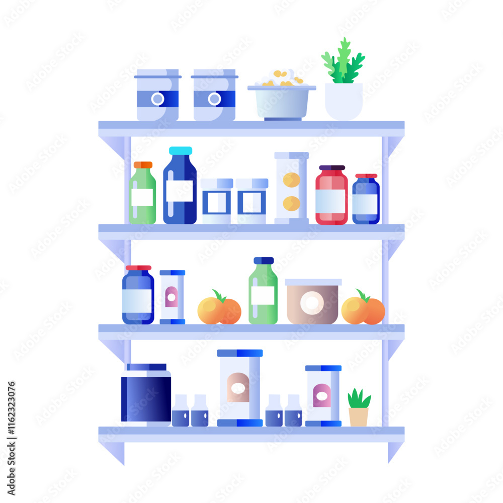 Pantry shelf filled with food items, a flat style illustration Pantry shelf filled with food items, a flat style illustration