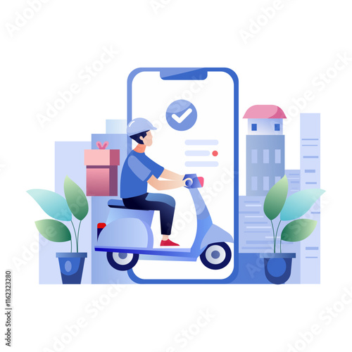 A flat illustration of a delivery driver on a scooter using a smartphone delivery app