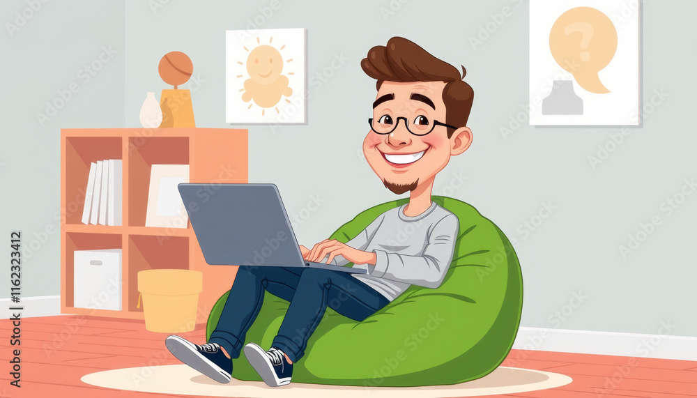 Young man enjoying creative work while sitting on a green bean bag in a cheerful atmosphere Young man enjoying creative work while sitting on a green bean bag in a cheerful atmosphere
