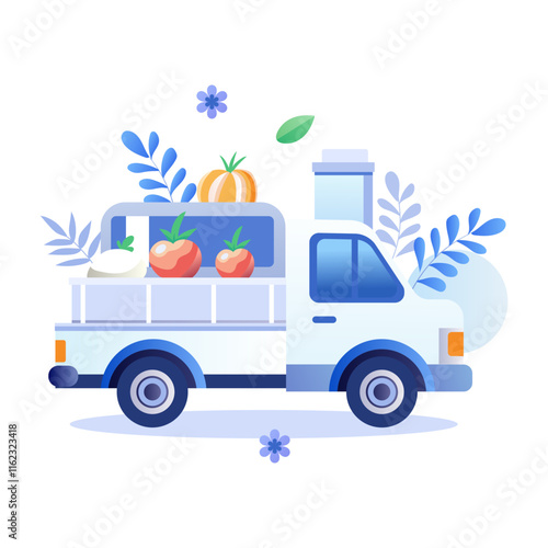 Flat illustration of a white food delivery truck loaded with fresh produce
