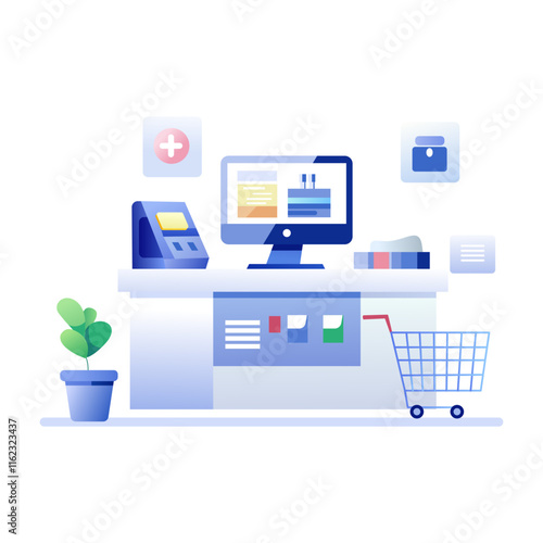 A flat illustration of shopping billing counter 