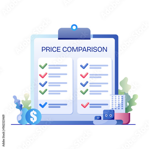 A flat illustration of a clipboard with a checklist for price comparison