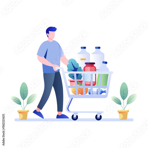 A flat illustration of a man railing a grocery cart 