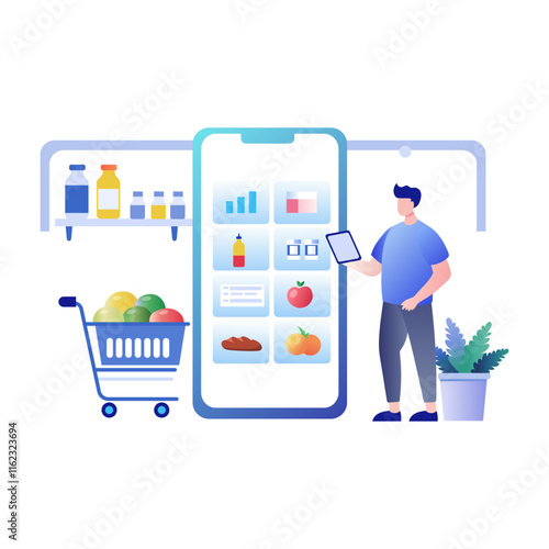 A flat illustration of a man using grocery app for shopping 