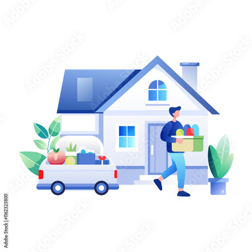A flat illustration of a man's grocery delivery to a house  