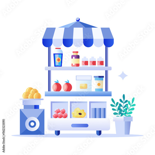 A vibrant flat illustration of a grocery vendor stall with fresh produce, dairy products, and other items